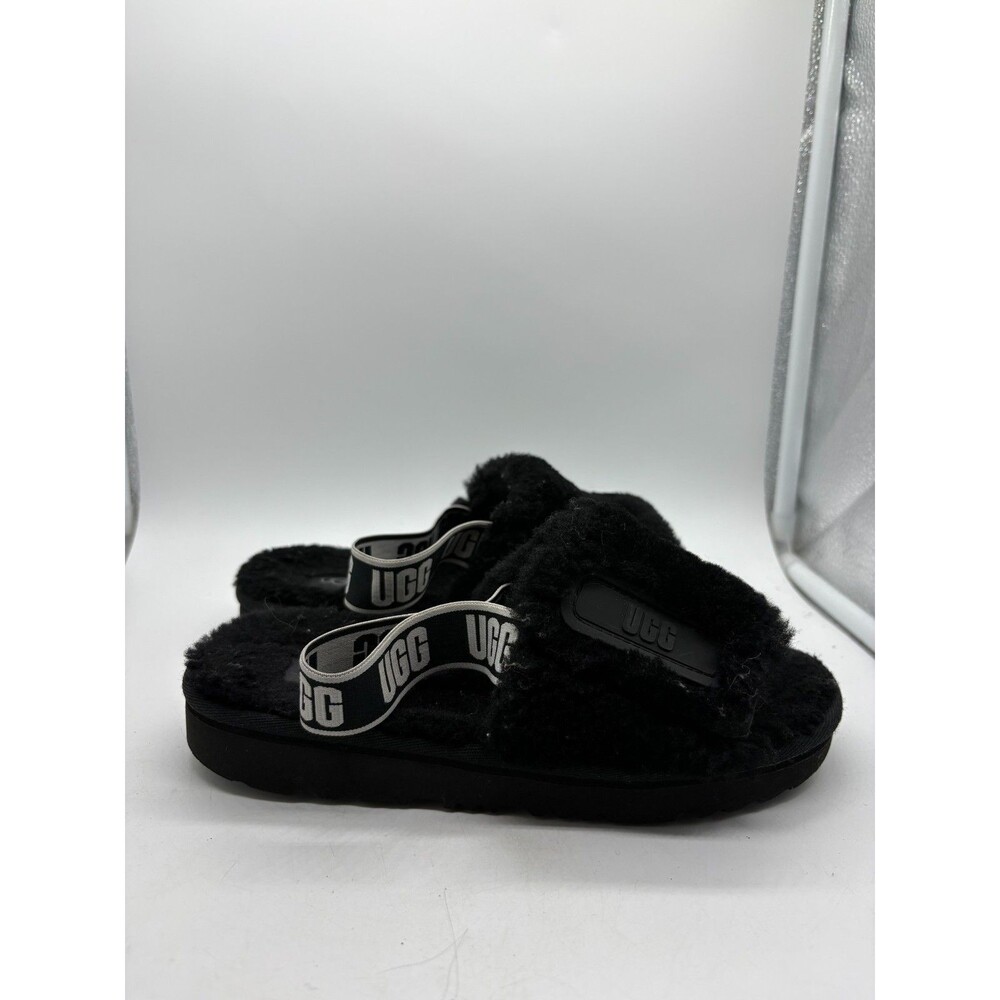 UGG Fluff Yeah Slide On Slippers Black Sherpa Slingback Plush Size 2